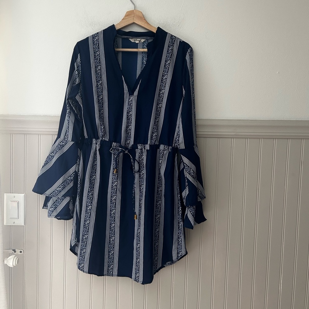 Blush Women’s Large Navy White Striped Tunic Tie Waist Flowy Sleeve Top Casual
